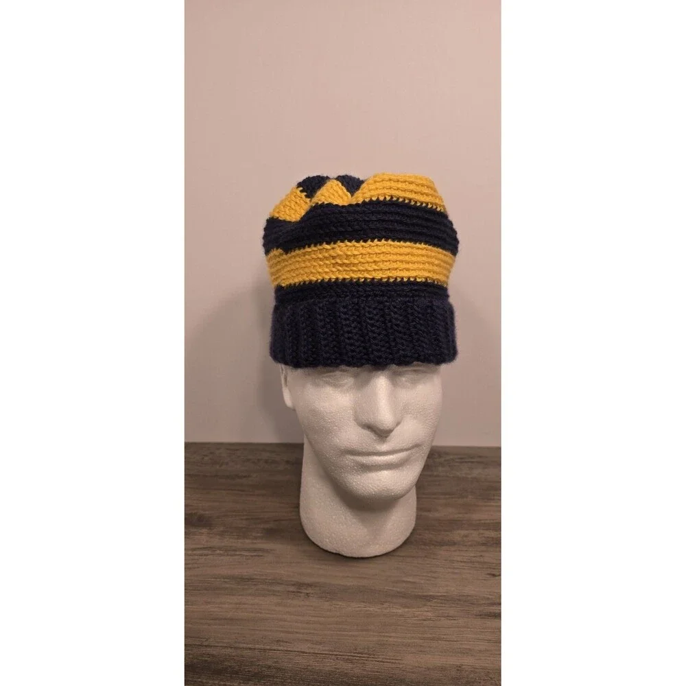 HAT Beanie BLUE/YELLOW Stripe Handmade Crochet WINTER HAT, UNISEX